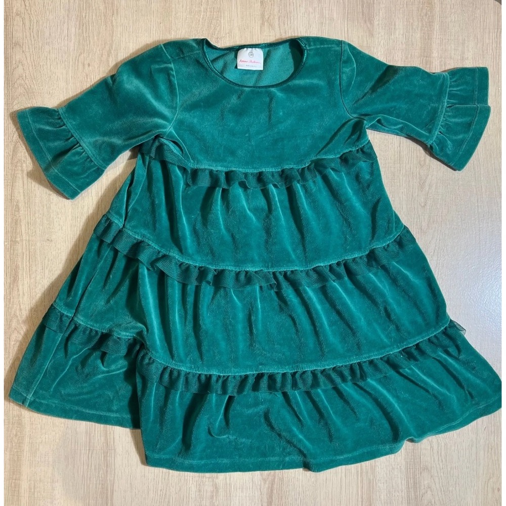 Hanna Andersson Girls Green Velvet Tiered Ruffle Dress Bell Sleeve Size 110 5T